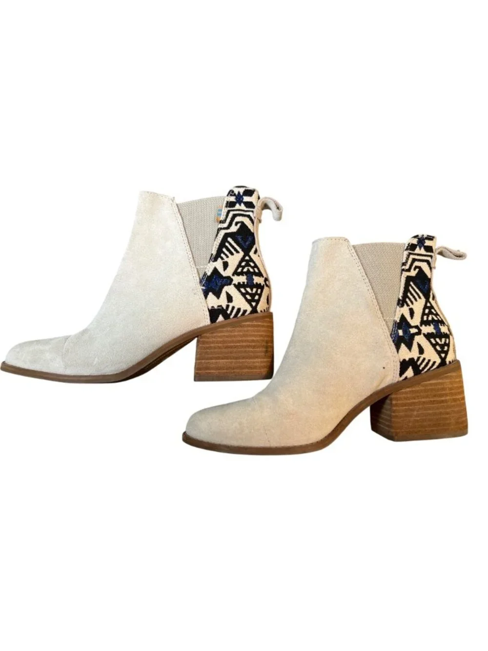 TOMS Esme Suede Ankle Booties Aztec Geometric Birch White Blue Women's 7.5